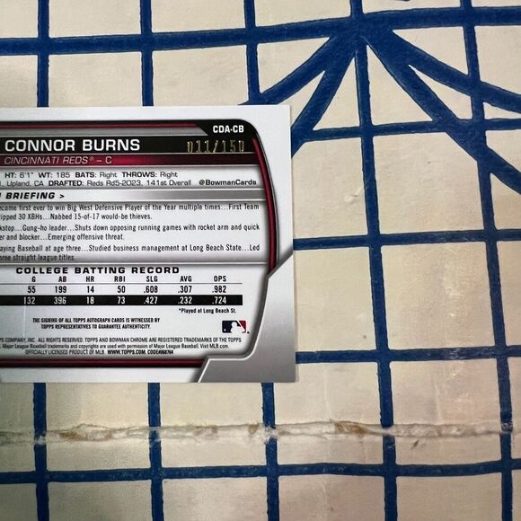 2023 Bowman Draft - Chrome Prospect Autographs Connor Burns #CDA-CB Blue Wave - Picture 8 of 8